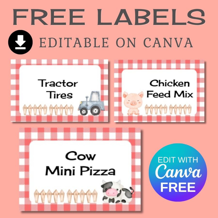 Free farm animal red gingham food labels